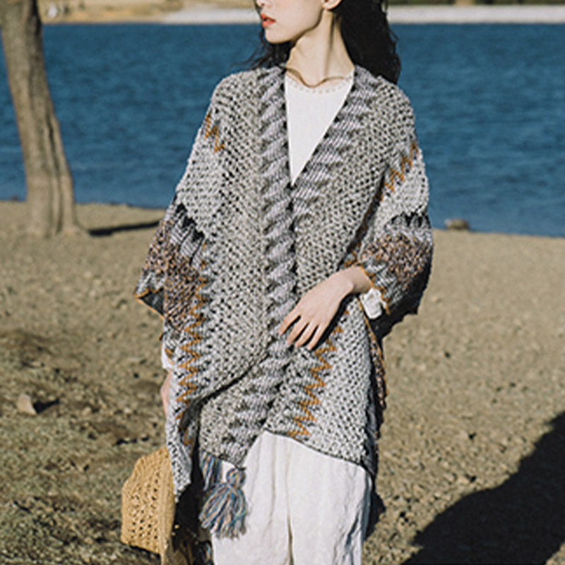 Tibetischer Schal mit Buddha Stonesn, grau-braun gestreift, gestrickte Quasten, gemütlicher Winter-Reiseschal - image 16