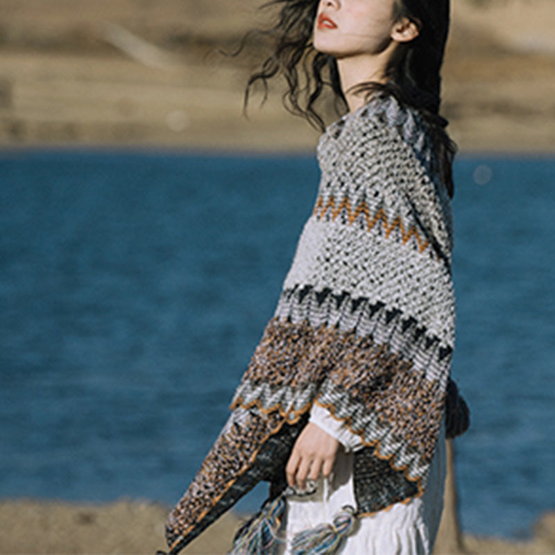 Tibetischer Schal mit Buddha Stonesn, grau-braun gestreift, gestrickte Quasten, gemütlicher Winter-Reiseschal - image 17