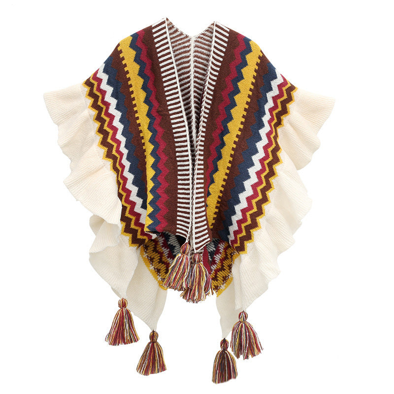 Tibetischer Schal mit Buddha Stonesn, bunt gestreift, Wellenlinie, Quasten, gemütlicher Winter-Reiseschal - Beige Gelb Braun 85*135cm - image 14