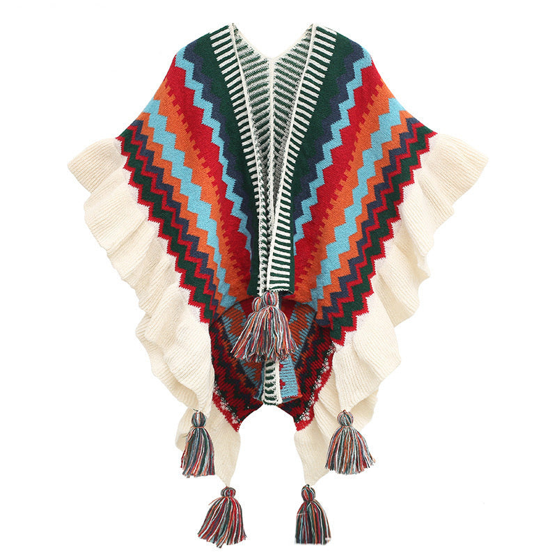 Tibetischer Schal mit Buddha Stonesn, bunt gestreift, Wellenlinie, Quasten, gemütlicher Winter-Reiseschal - Beige Rot Blau 85*135cm - image 20