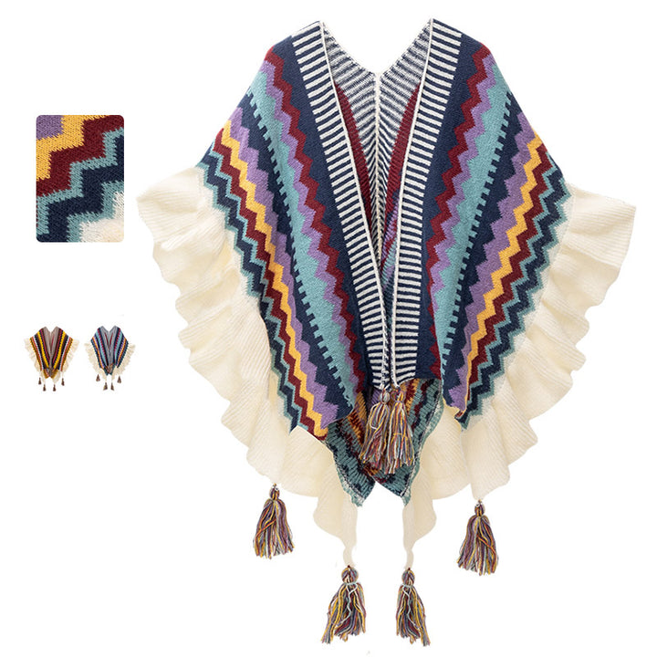 Tibetischer Schal mit Buddha Stonesn, bunt gestreift, Wellenlinie, Quasten, gemütlicher Winter-Reiseschal - image 0