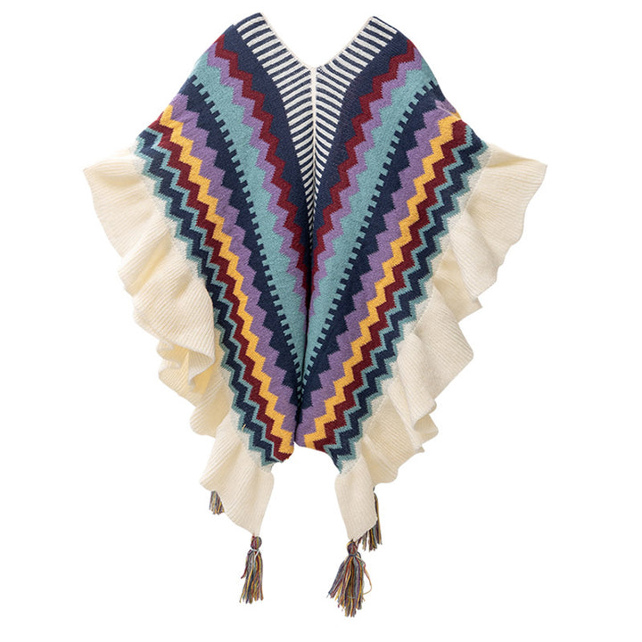 Tibetischer Schal mit Buddha Stonesn, bunt gestreift, Wellenlinie, Quasten, gemütlicher Winter-Reiseschal - image 2