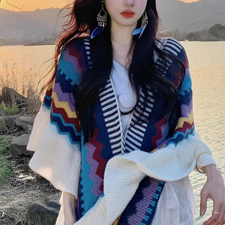 Tibetischer Schal mit Buddha Stonesn, bunt gestreift, Wellenlinie, Quasten, gemütlicher Winter-Reiseschal - image 3