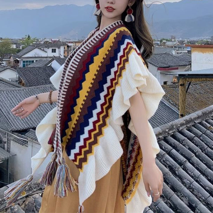 Tibetischer Schal mit Buddha Stonesn, bunt gestreift, Wellenlinie, Quasten, gemütlicher Winter-Reiseschal - image 15