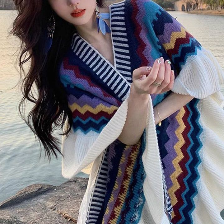 Tibetischer Schal mit Buddha Stonesn, bunt gestreift, Wellenlinie, Quasten, gemütlicher Winter-Reiseschal - image 4