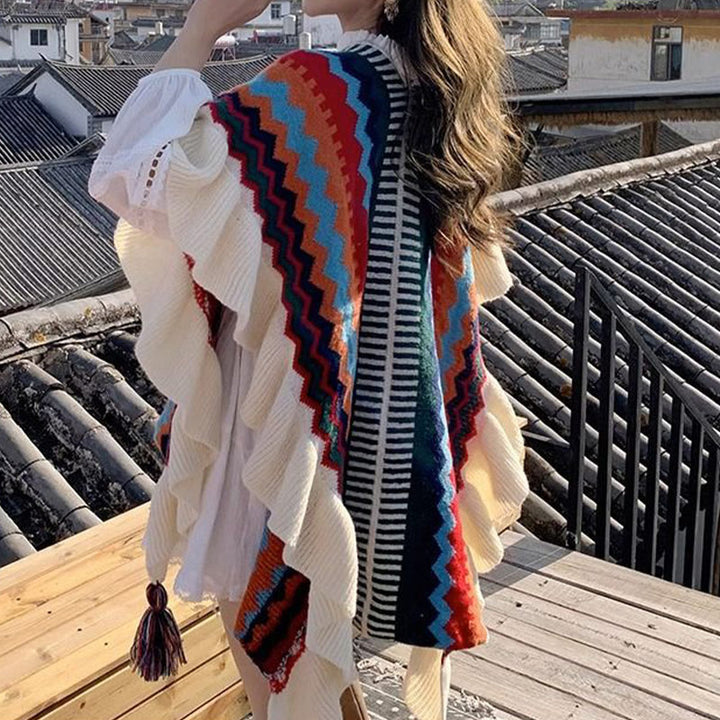 Tibetischer Schal mit Buddha Stonesn, bunt gestreift, Wellenlinie, Quasten, gemütlicher Winter-Reiseschal - image 22