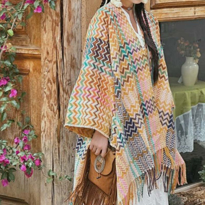 Tibetischer Schal mit Buddha Stonesn, bunt, gewellt, gestreift, Quasten, Winter, gemütlicher Reiseschal - image 7