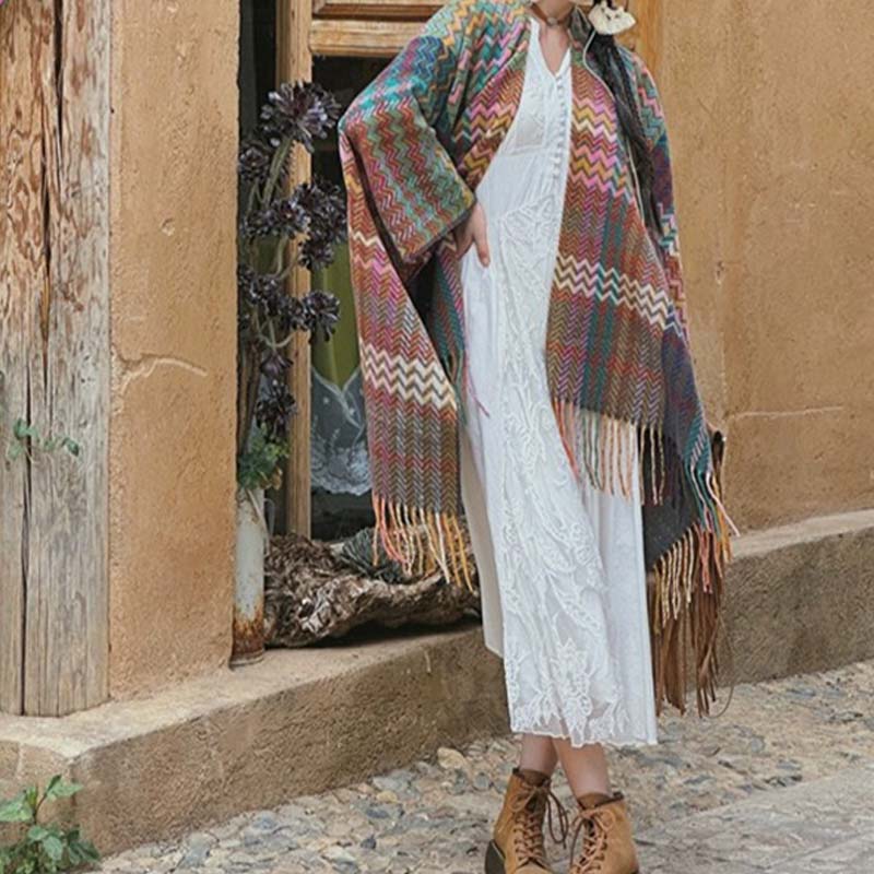 Tibetischer Schal mit Buddha Stonesn, bunt, gewellt, gestreift, Quasten, Winter, gemütlicher Reiseschal - image 18