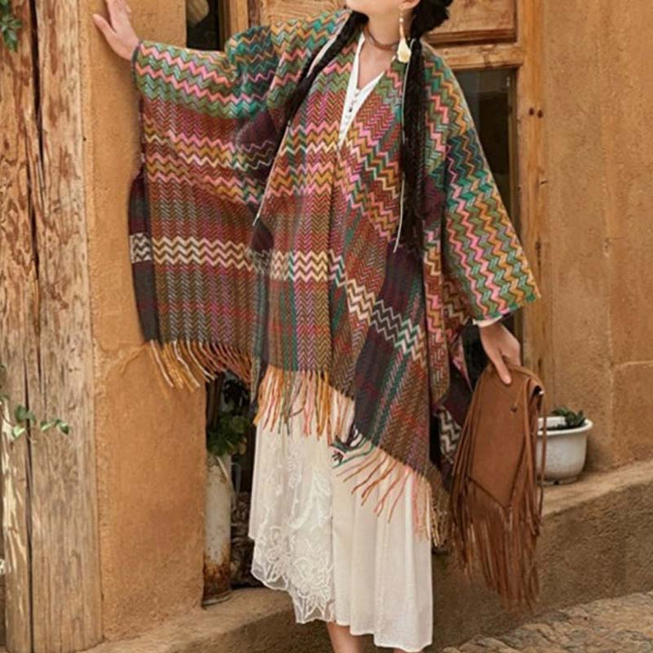 Tibetischer Schal mit Buddha Stonesn, bunt, gewellt, gestreift, Quasten, Winter, gemütlicher Reiseschal - image 15