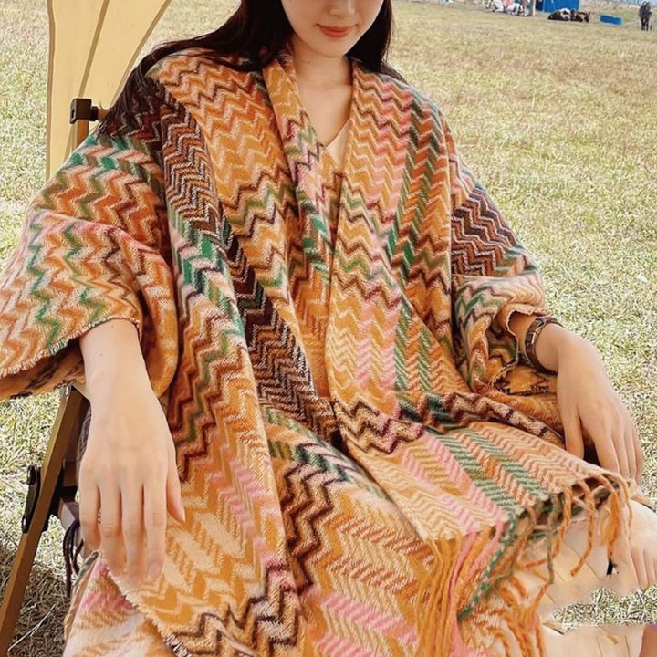 Tibetischer Schal mit Buddha Stonesn, bunt, gewellt, gestreift, Quasten, Winter, gemütlicher Reiseschal - image 2