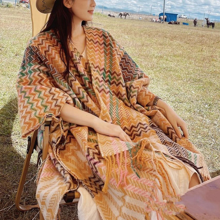 Tibetischer Schal mit Buddha Stonesn, bunt, gewellt, gestreift, Quasten, Winter, gemütlicher Reiseschal - image 3