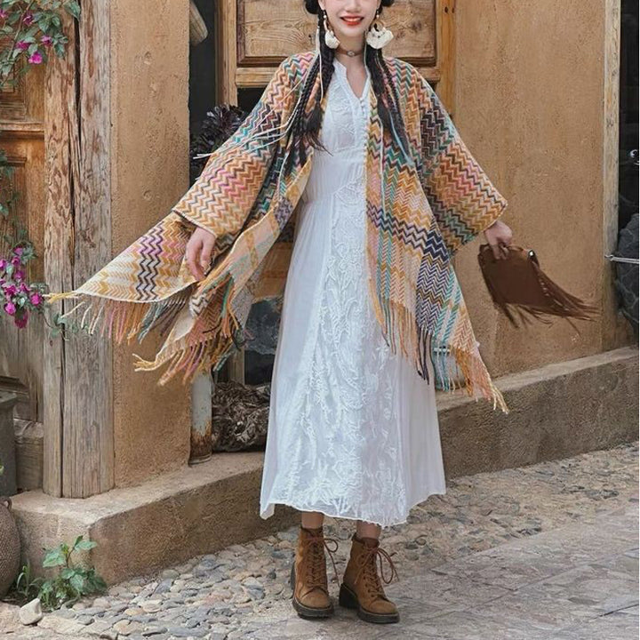 Tibetischer Schal mit Buddha Stonesn, bunt, gewellt, gestreift, Quasten, Winter, gemütlicher Reiseschal - image 4