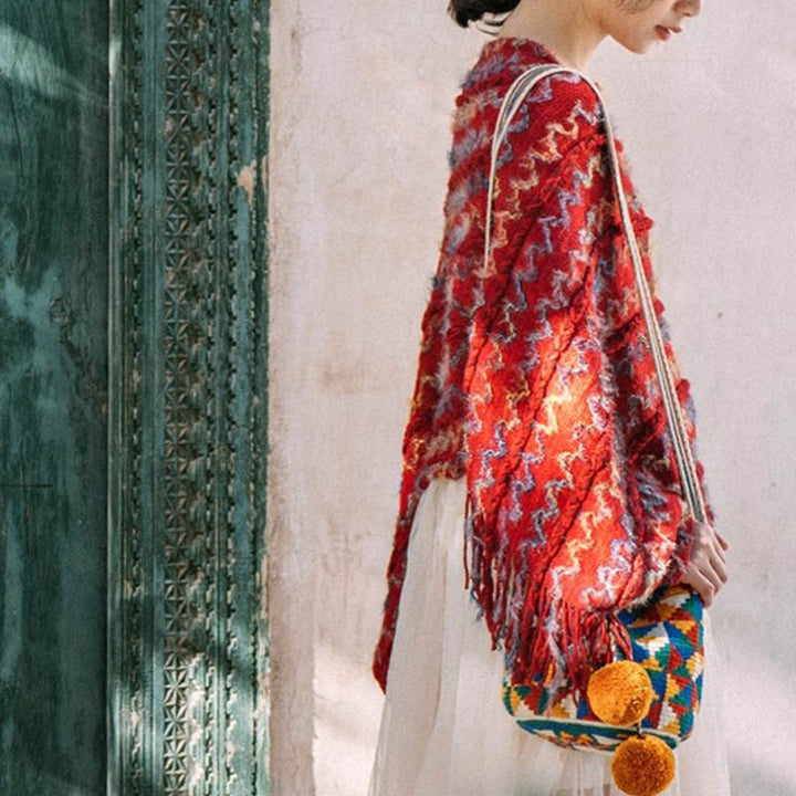 Buddha Stones Tibetischer bunt gestreifter Schal mit Quasten, Pullover für den Winter, gemütlicher Reiseschal - image 15