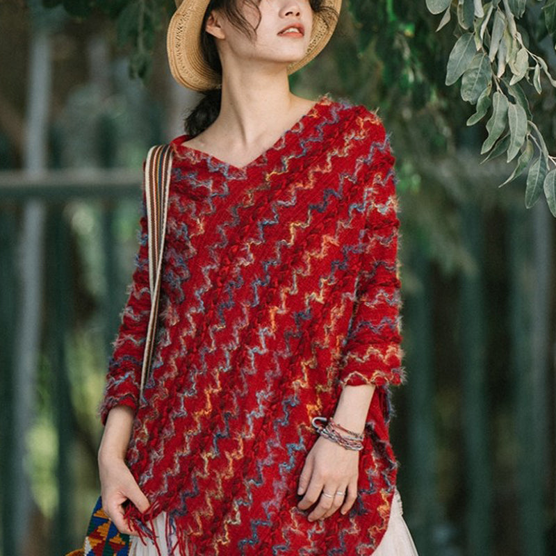 Buddha Stones Tibetischer bunt gestreifter Schal mit Quasten, Pullover für den Winter, gemütlicher Reiseschal - image 1