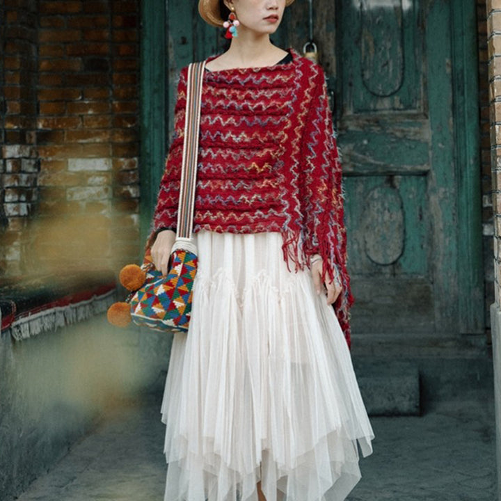 Buddha Stones Tibetischer bunt gestreifter Schal mit Quasten, Pullover für den Winter, gemütlicher Reiseschal - Rot 85 x 75 cm - image 0