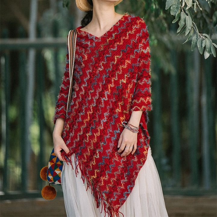 Buddha Stones Tibetischer bunt gestreifter Schal mit Quasten, Pullover für den Winter, gemütlicher Reiseschal - image 5