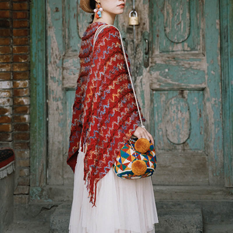 Buddha Stones Tibetischer bunt gestreifter Schal mit Quasten, Pullover für den Winter, gemütlicher Reiseschal - image 8