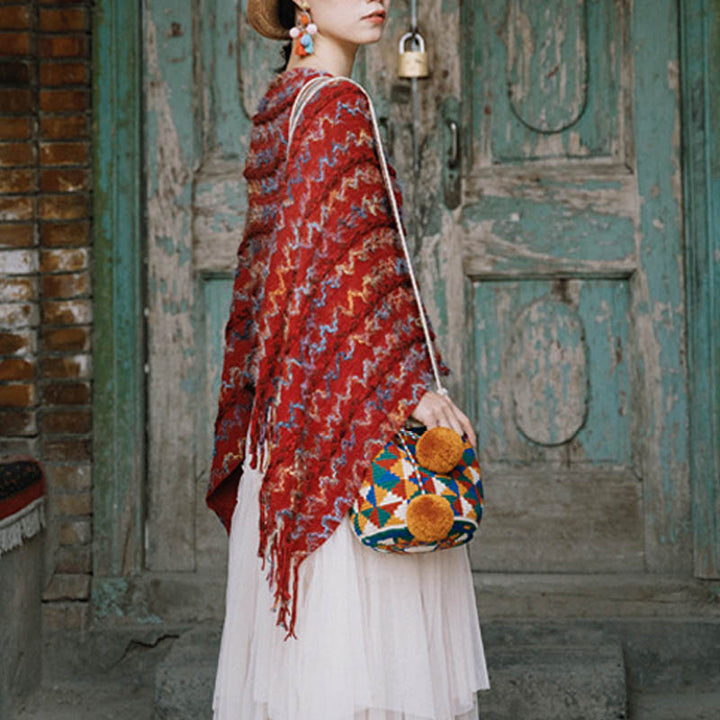 Buddha Stones Tibetischer bunt gestreifter Schal mit Quasten, Pullover für den Winter, gemütlicher Reiseschal - image 8