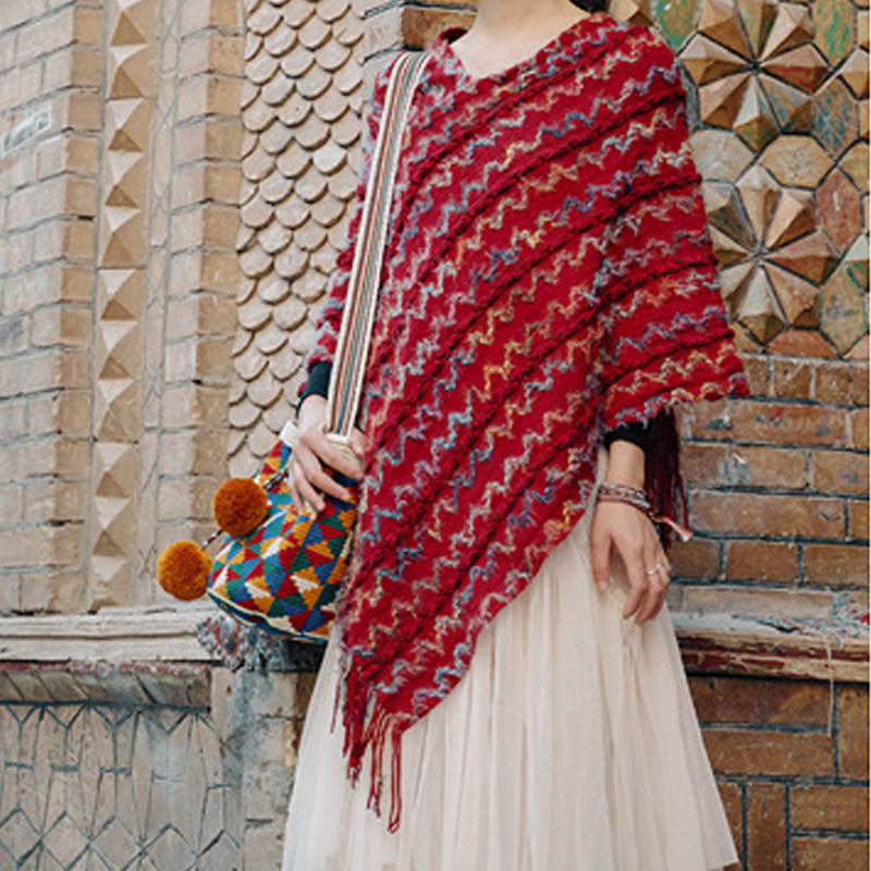 Buddha Stones Tibetischer bunt gestreifter Schal mit Quasten, Pullover für den Winter, gemütlicher Reiseschal - image 17