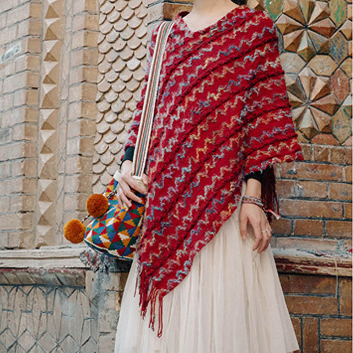 Buddha Stones Tibetischer bunt gestreifter Schal mit Quasten, Pullover für den Winter, gemütlicher Reiseschal - image 17