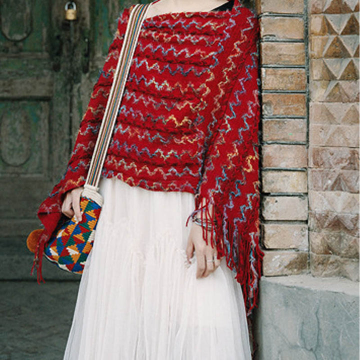 Buddha Stones Tibetischer bunt gestreifter Schal mit Quasten, Pullover für den Winter, gemütlicher Reiseschal - image 18