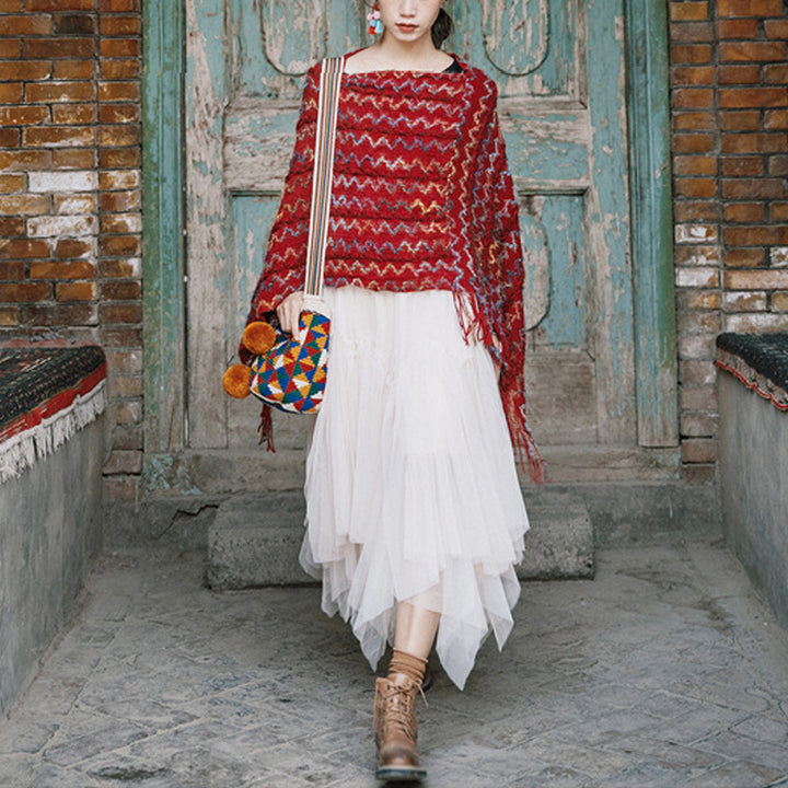 Buddha Stones Tibetischer bunt gestreifter Schal mit Quasten, Pullover für den Winter, gemütlicher Reiseschal - image 6