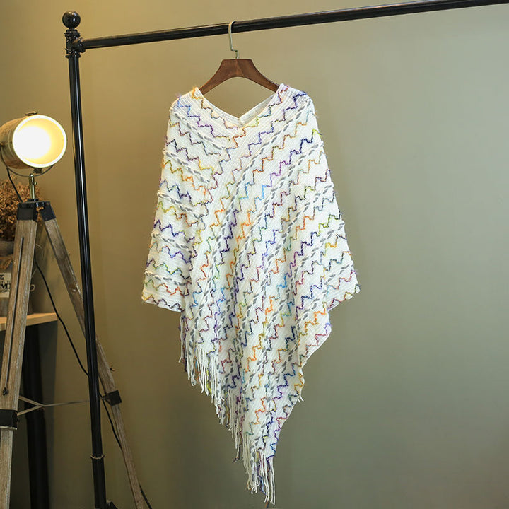 Buddha Stones Tibetischer bunt gestreifter Schal mit Quasten, Pullover für den Winter, gemütlicher Reiseschal - Weiß, 85 x 75 cm - image 30