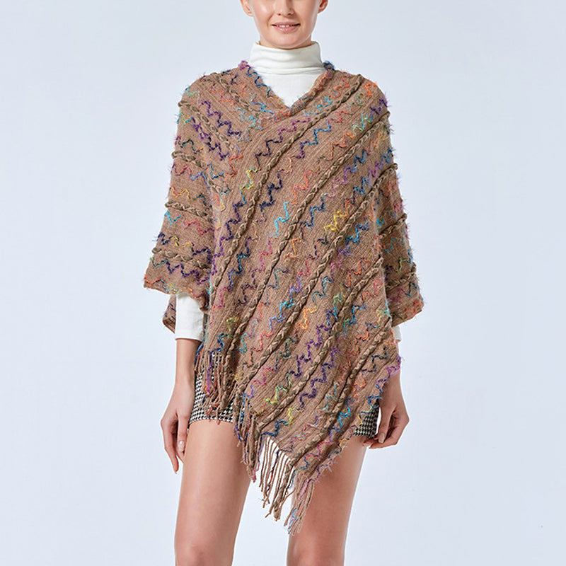 Buddha Stones Tibetischer bunt gestreifter Schal mit Quasten, Pullover für den Winter, gemütlicher Reiseschal - Khaki 85*75cm - image 22