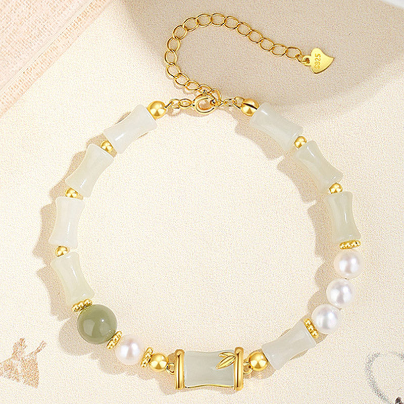 Buddha Stones 925 Sterling Silber natürliche Hetian Weiß Jade Bambus Glück Segen Armband - image 3