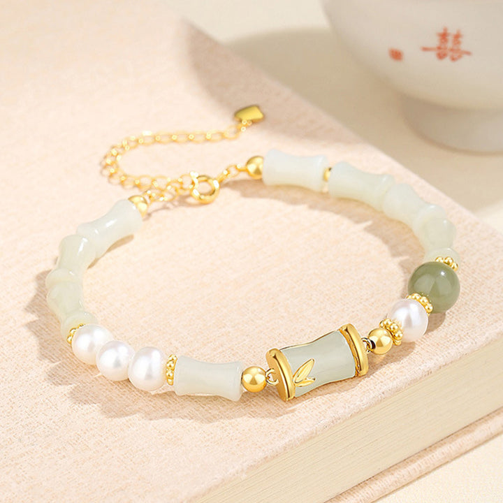 Buddha Stones 925 Sterling Silber natürliche Hetian Weiß Jade Bambus Glück Segen Armband - image 1