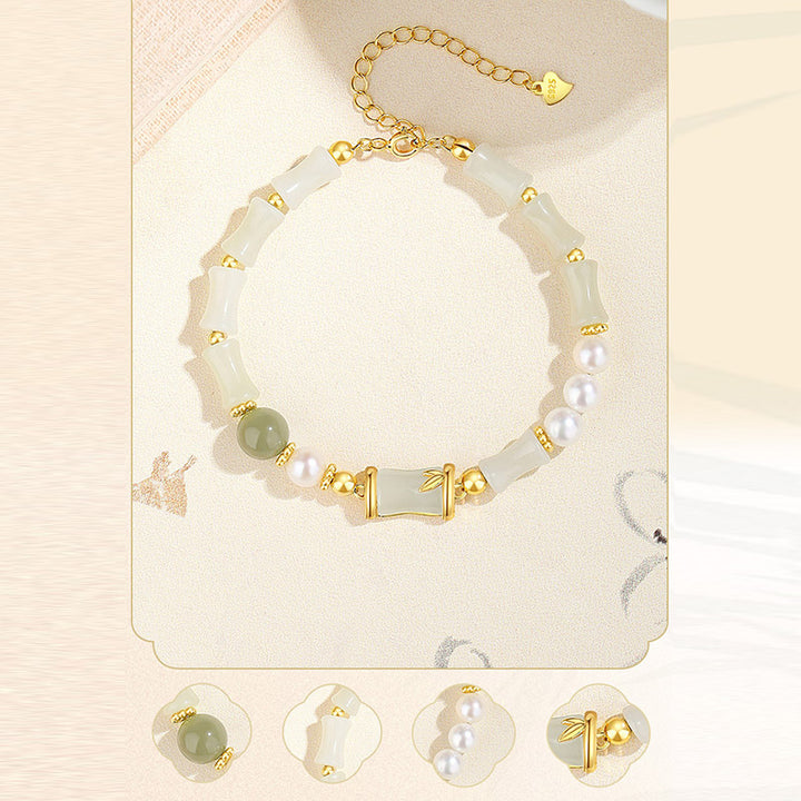 Buddha Stones 925 Sterling Silber natürliche Hetian Weiß Jade Bambus Glück Segen Armband - image 10