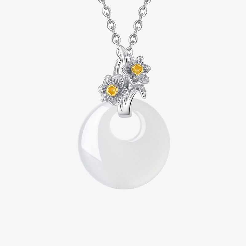 Buddha Stones 925 Sterling Silber Runder Chalcedon Zwölf Monate Blumenharmonie Halskettenanhänger - Narzisse - image 27