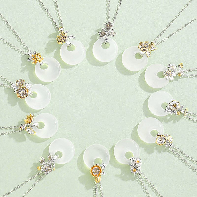 Buddha Stones 925 Sterling Silber Runder Chalcedon Zwölf Monate Blumenharmonie Halskettenanhänger - image 0