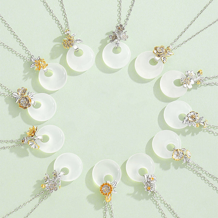 Buddha Stones 925 Sterling Silber Runder Chalcedon Zwölf Monate Blumenharmonie Halskettenanhänger - image 0