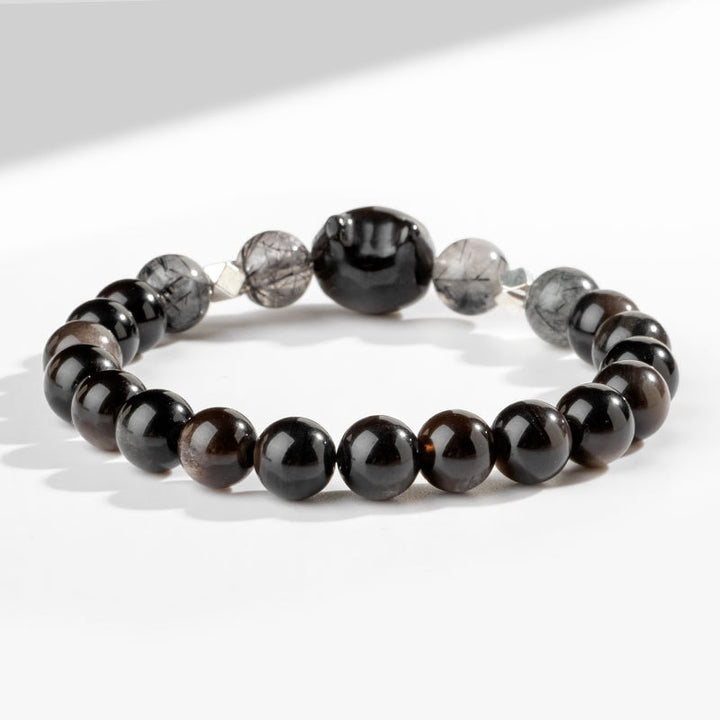 Buddha Stones Natürliches silberglänzendes Obsidian-Armband zum Schutz des niedlichen Katzenkopfes - image 4