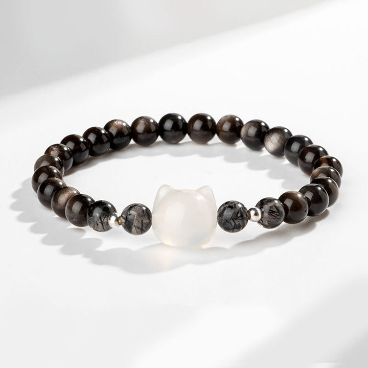 Buddha Stones Natürliches silberglänzendes Obsidian-Armband zum Schutz des niedlichen Katzenkopfes - Silberglänzender Obsidian und weißer Achat (Handgelenkumfang 14–15 cm) - image 7