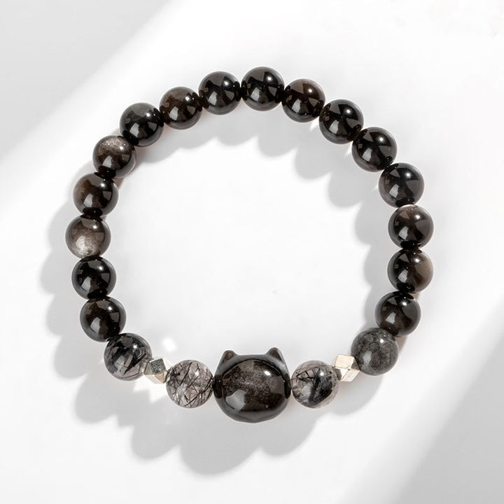 Buddha Stones Natürliches silberglänzendes Obsidian-Armband zum Schutz des niedlichen Katzenkopfes - image 3