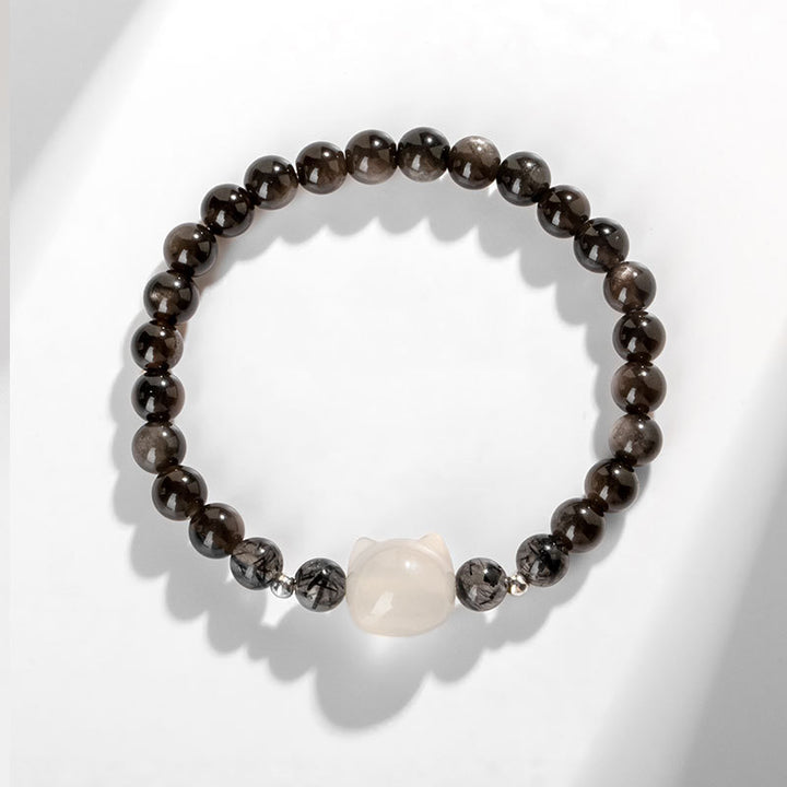 Buddha Stones Natürliches silberglänzendes Obsidian-Armband zum Schutz des niedlichen Katzenkopfes - image 8