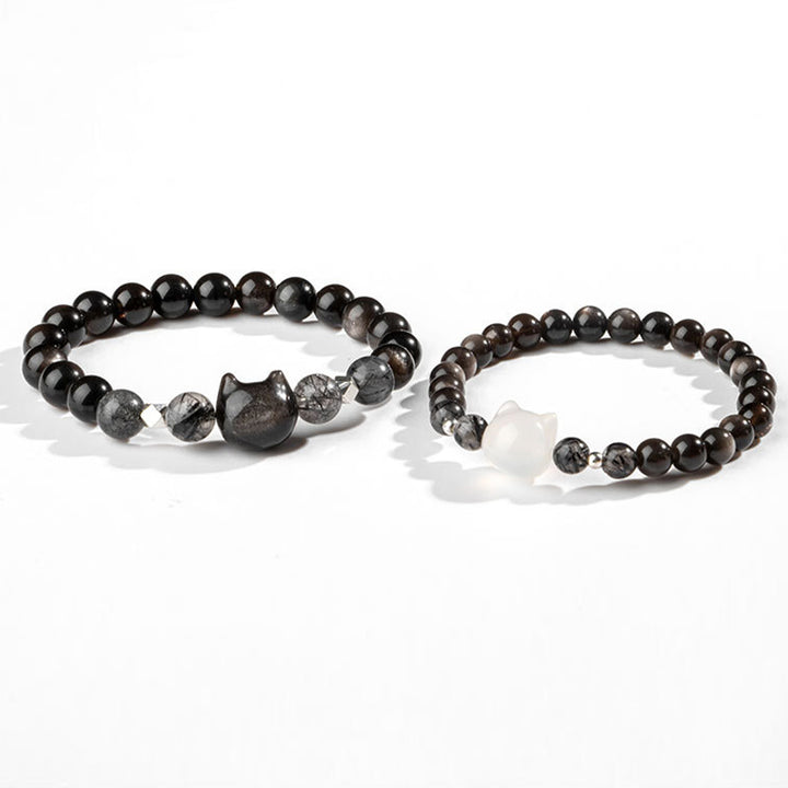 Buddha Stones Natürliches silberglänzendes Obsidian-Armband zum Schutz des niedlichen Katzenkopfes - image 9