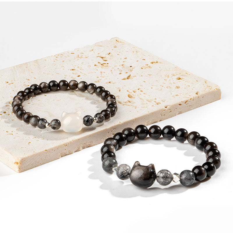 Buddha Stones Natürliches silberglänzendes Obsidian-Armband zum Schutz des niedlichen Katzenkopfes - image 10