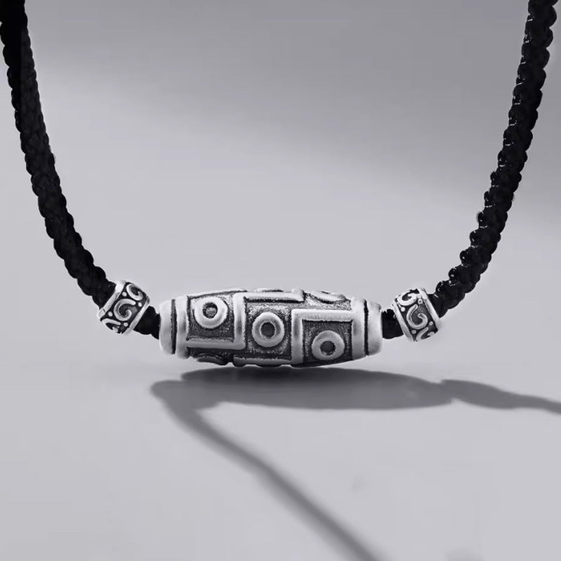 Buddha Stones 999 Sterling Silber Neun-Augen-Dzi-Perlenmuster-Schutzseil-Halskettenanhänger - 999 Sterlingsilber & Seil - image 0