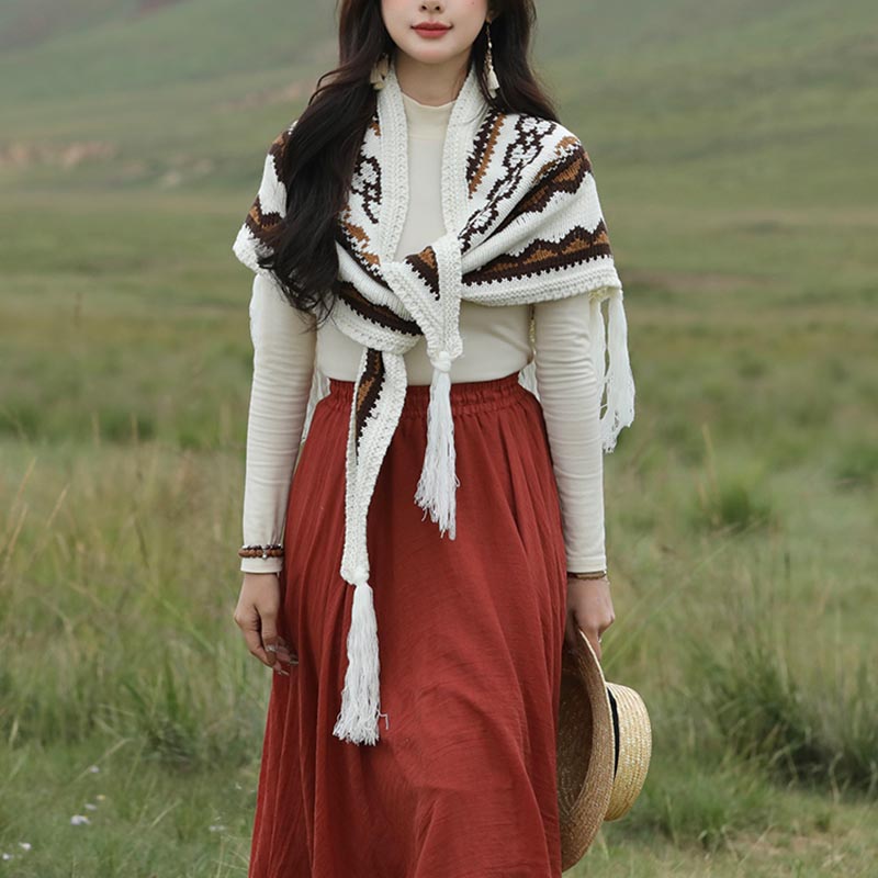 Buddha Stones Tibetischer Dreiecksschal, gestreift, Quasten, Winter, gemütlich, Reiseschal, Wickeltuch - image 1