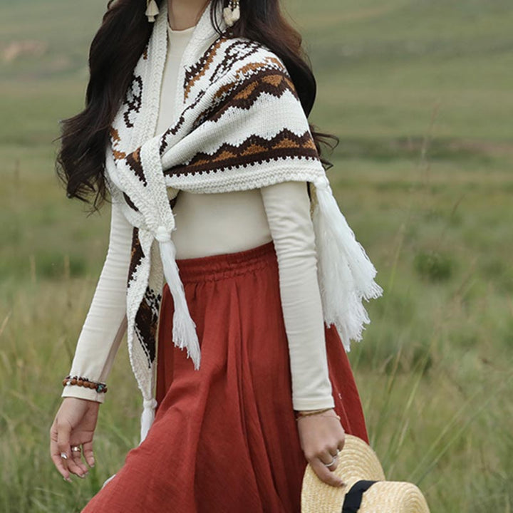 Buddha Stones Tibetischer Dreiecksschal, gestreift, Quasten, Winter, gemütlich, Reiseschal, Wickeltuch - image 6