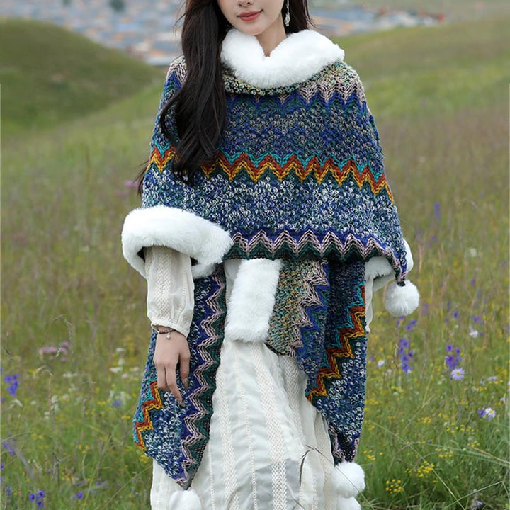 Buddha Stones Tibetischer mehrfarbiger Wellenlinien-Strickschal, gestreift, Wintermantel, gemütlicher Reiseschal - Marineblau 150 x 106 cm - image 0