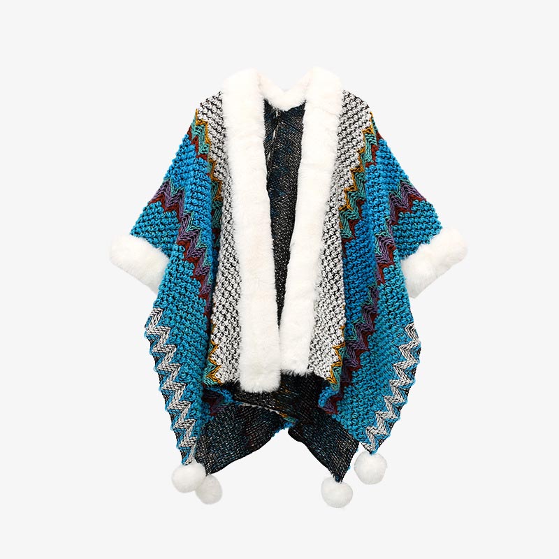 Buddha Stones Tibetischer mehrfarbiger Wellenlinien-Strickschal, gestreift, Wintermantel, gemütlicher Reiseschal - Pfauenblau 150 x 106 cm - image 7