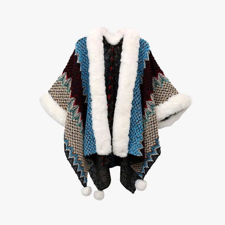 Buddha Stones Tibetischer mehrfarbiger Wellenlinien-Strickschal, gestreift, Wintermantel, gemütlicher Reiseschal - Blau Dunkelrot 150*106cm - image 11