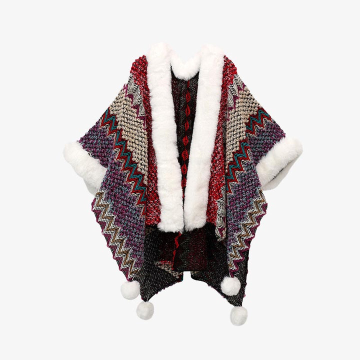 Buddha Stones Tibetischer mehrfarbiger Wellenlinien-Strickschal, gestreift, Wintermantel, gemütlicher Reiseschal - Rot Lila 150*106cm - image 28