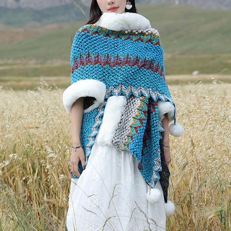 Buddha Stones Tibetischer mehrfarbiger Wellenlinien-Strickschal, gestreift, Wintermantel, gemütlicher Reiseschal - image 8