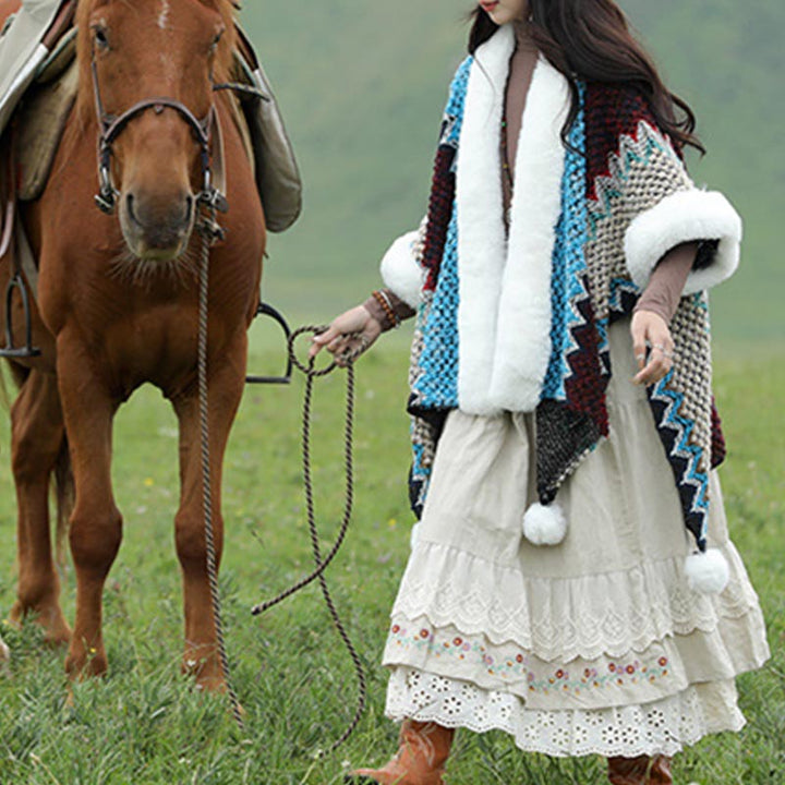 Buddha Stones Tibetischer mehrfarbiger Wellenlinien-Strickschal, gestreift, Wintermantel, gemütlicher Reiseschal - image 15