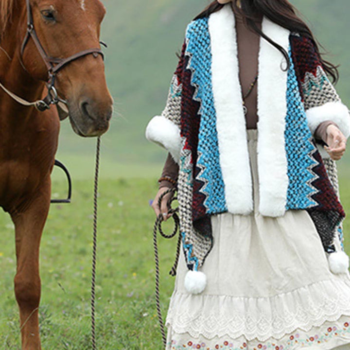 Buddha Stones Tibetischer mehrfarbiger Wellenlinien-Strickschal, gestreift, Wintermantel, gemütlicher Reiseschal - image 16